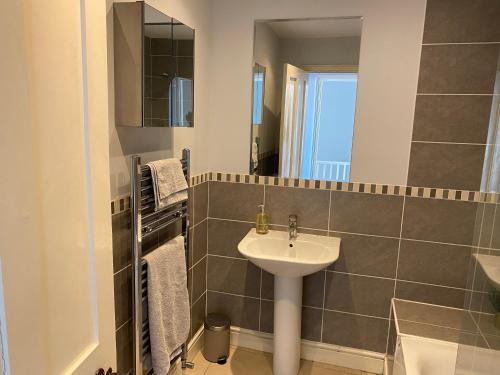 a bathroom with a sink and a mirror at Invicta Apartment in Ashford