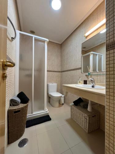 W łazience znajduje się prysznic, umywalka i toaleta. w obiekcie Moderno estudio en Porta Do Sol w mieście Vigo