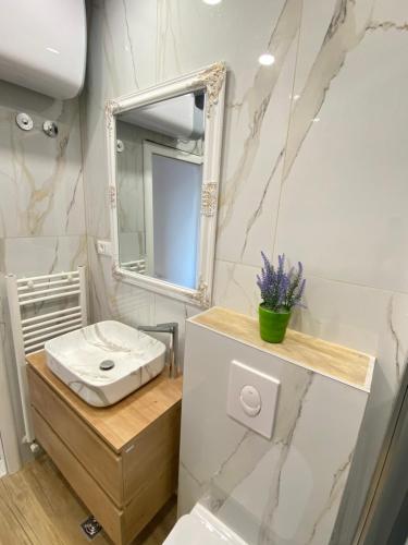 a bathroom with a sink and a mirror at Apartment Lana in Baška Voda