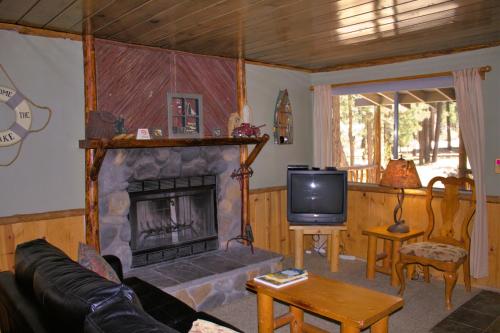 a living room with a fireplace and a tv at Goldmine Lodge in Big Bear Lake