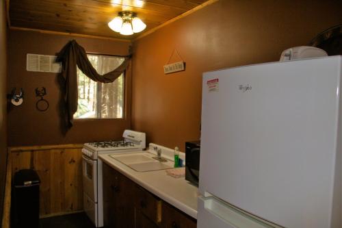 a kitchen with a white refrigerator and a sink at Goldmine Lodge in Big Bear Lake