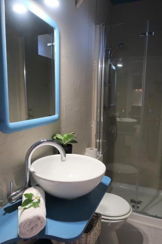 a bathroom with a sink and a toilet and a mirror at Masia Sagués in Poblet