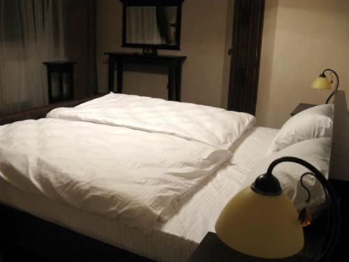 a bedroom with a bed with white sheets and a lamp at Gnizdo Golubky in Shaian