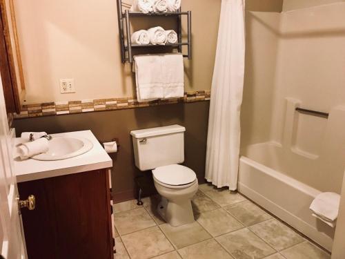a bathroom with a toilet and a sink and a shower at The Villas on Lake George in Diamond Point