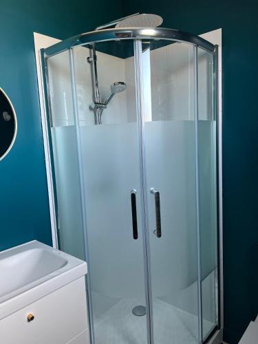une douche avec une porte vitrée dans une salle de bain dans l'établissement IDÉALEMENT SITUÉ 