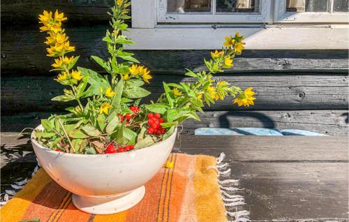 a flower pot sitting on a table next to a window at Nice Home In Vinstra With House A Mountain View in Vinstra