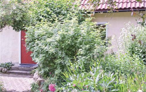 un arbusto delante de una casa con una puerta roja en 1 Bedroom Beautiful Home In Tomelilla, en Tomelilla