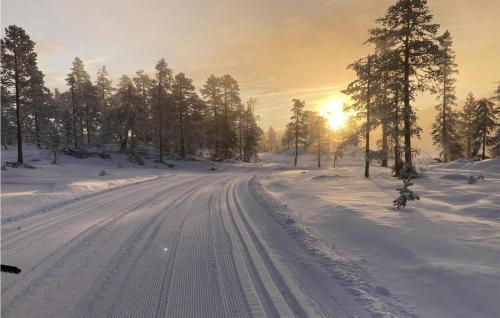 a road covered in snow with the sun in the background at Awesome Home In Hønefoss With Wifi in Hønefoss
