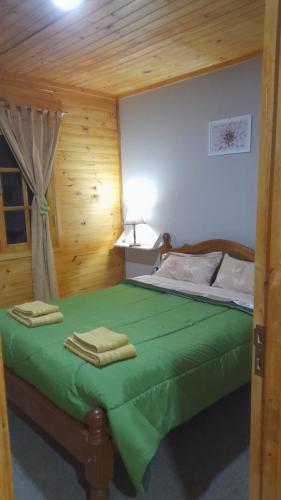 a bedroom with a green bed with towels on it at Entre Viñedos in Ciudad Lujan de Cuyo