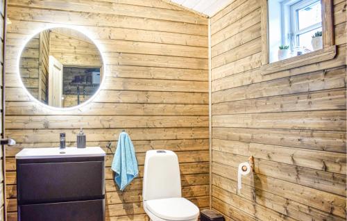 a bathroom with a toilet and a mirror at Lovely Home In Norheimsund With Wifi in Norheimsund