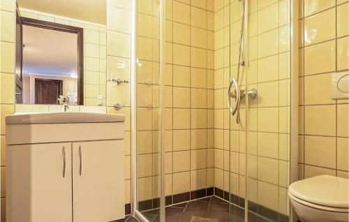 een badkamer met een douche, een wastafel en een toilet bij Staven Appartments in Hemsedal