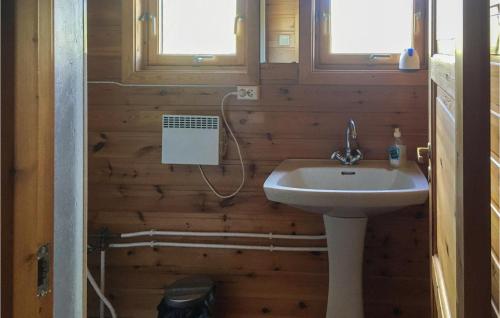 Łazienka z umywalką i drewnianymi ścianami w obiekcie Nice Home In Mandal With 3 Bedrooms And Wifi w mieście Mandal