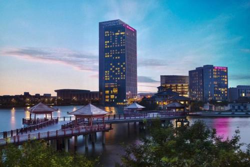 a city skyline with a pier and a tall building at Crowne Plaza Tianjin Meijiangnan, an IHG Hotel in Tianjin
