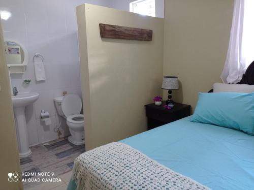 a bedroom with a bed and a bathroom with a toilet at Paraiso Hortensia Ecolodge in Santiago de los Caballeros