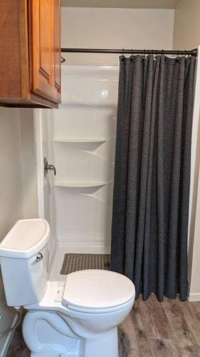 a bathroom with a white toilet and a shower at Mimi's Cabin in Squaw Valley