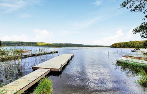 a dock on a lake with boats in the water at Pet Friendly Home In Munka Ljungby in Hålshult