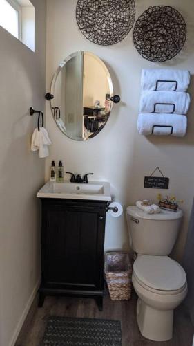 a bathroom with a toilet and a sink and a mirror at Sweet Mountain Cabin in Squaw Valley