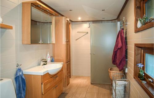 een badkamer met een wastafel en een douche bij Amazing Home In Ljungby With Lake View in Bolmsö