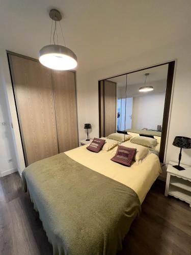 une chambre avec un grand lit et un grand miroir dans l'établissement Le Central Victoria I - Central Point - 50m2, à Nancy