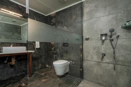 a bathroom with a toilet and a shower and a sink at Malabar Ocean Front Resort And Spa, Bekal in Nīleshwar