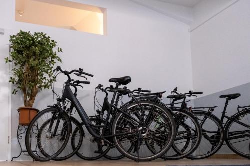 a group of bikes lined up against a wall at Hotel Geranio Au Lac in Locarno