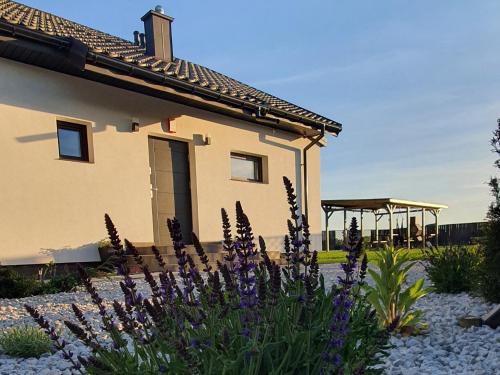una casa con flores púrpuras delante de un patio en Czarne Nad Białym, en Gostynin