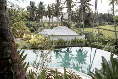 a garden with a swimming pool and a house at Hot Stone Club Ubud in Ubud