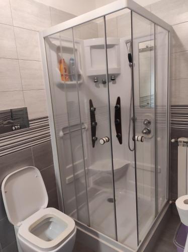 a bathroom with a toilet and a glass shower at Camera a Palermo in Mondello