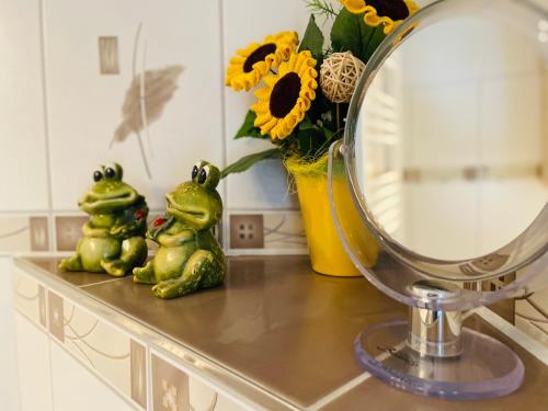 two frogs sitting on a counter next to a mirror at Ferienhof Alte Wildmeisterei - Fewo Gartenblick in Neuhaus am Rennweg