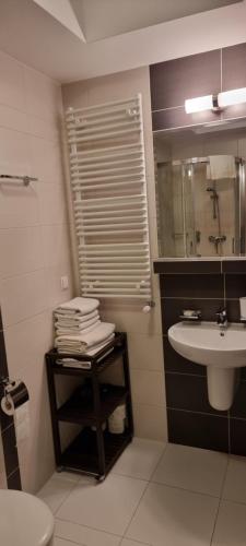 łazienka z umywalką, toaletą i lustrem w obiekcie Apartament Perła nr 19 nad Jeziorem Pluszne w mieście Mierki