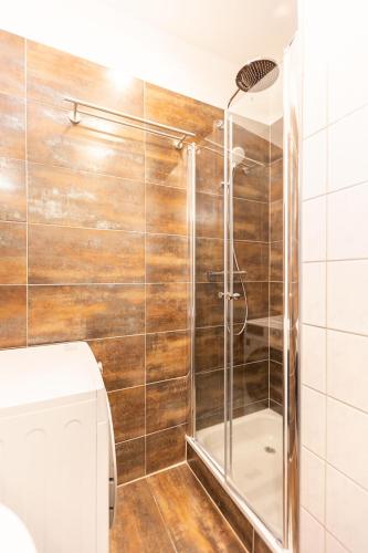 a bathroom with a shower and a toilet at Green Residence Boutique Lofts & Villa am Park in Offenbach