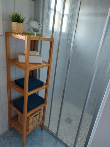 Trieblach的住宿－Knusperhaus Ogris，一个带木制架子的淋浴间,配有4条蓝色毛巾