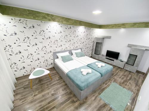 a bedroom with a large bed and a tv at Apartament la Malul Dunării in Moldova Veche