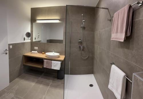 a bathroom with a shower and a sink and a shower at Ferienwohnung Ott in Ebbs