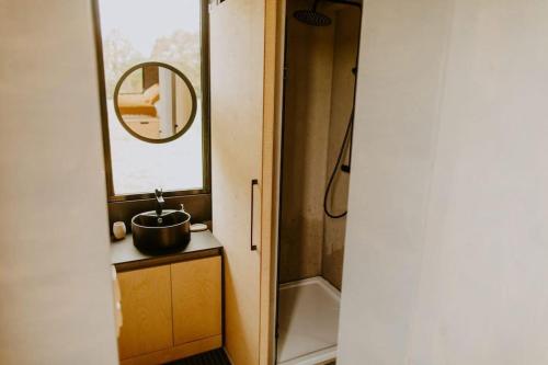 La salle de bains est pourvue d'un lavabo et d'un miroir. dans l'établissement Parcel Tiny House I Le P'tit Clos Normand, 