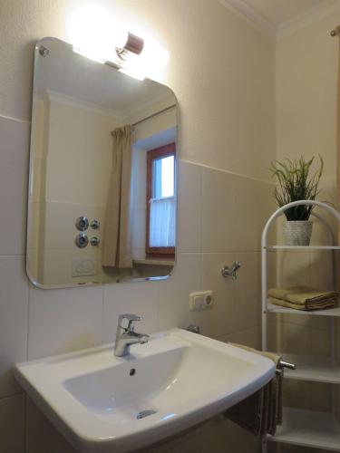 a bathroom with a sink and a mirror at Ferienwohnung Birkenflair in Seebruck