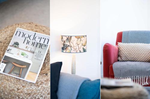 two pictures of a living room with a lamp and a chair at Shearwater in Carbis Bay