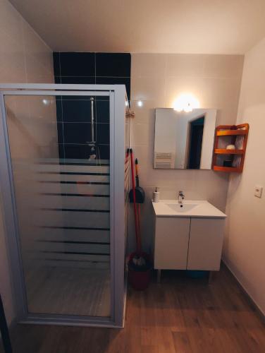 une salle de bain avec douche et lavabo dans l'établissement T2 Bis avec Terrasse vue Montagne proche mer, commerces et Biarritz, à Bidart