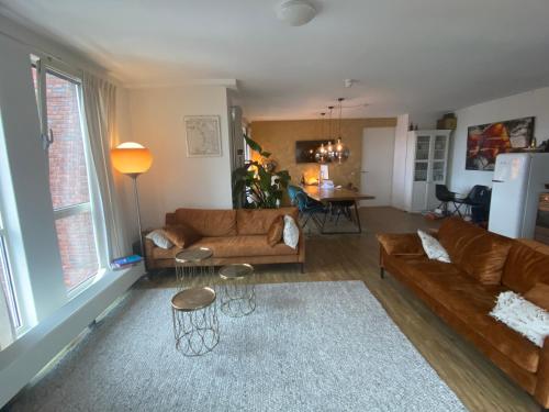 a living room with two brown couches and a table at Scheveningen Diamond View Beach and Harbour in Scheveningen