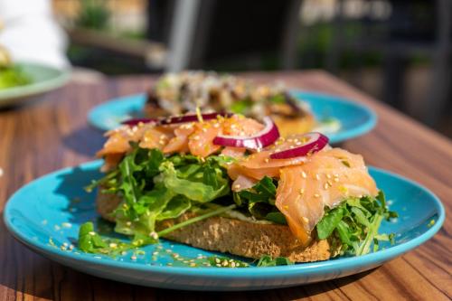 a blue plate with a sandwich and salad on a table at Shambhala Fuerteventura in Parque Holandes