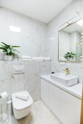a white bathroom with a toilet and a sink at M&K Apartamenty Amber Delux, Gdańsk - Wyspa Sobieszewska in Gdańsk