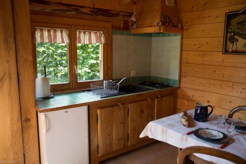 - une cuisine avec un évier et une table dans une cabine dans l'établissement La Planque des Marmottes, à Servoz