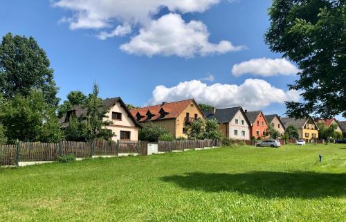 a group of houses in a yard with a green field at Fox in HoÅ¡Å¥ka