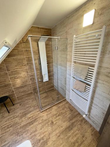 a bathroom with a shower with a glass door at Kukorica Csárda Apartman in Balatonújlak