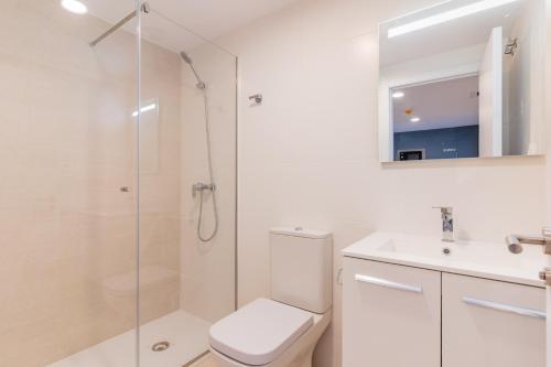 een badkamer met een douche, een toilet en een wastafel bij micampus Avenida del Puerto - Residencia de Estudiantes in Valencia