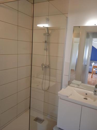a bathroom with a shower and a sink at Olydea le Lambon - Prailles-la-Couarde in Prailles
