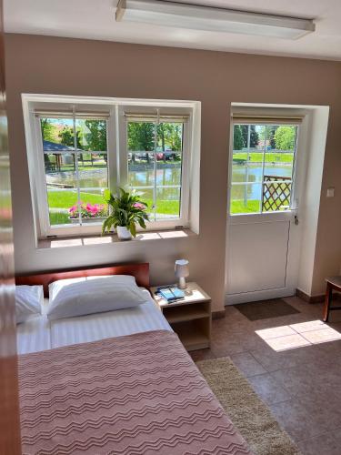 a bedroom with a bed and two windows at Hotel Marislav in Češnovice