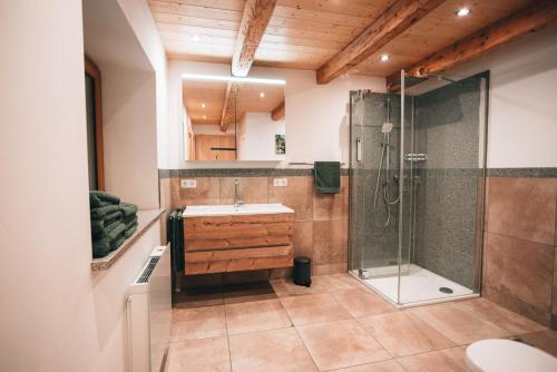 uma casa de banho com um chuveiro e um lavatório. em Ferienhaus Woidhaus em Kollnburg