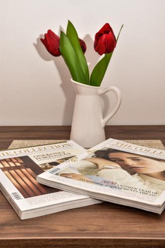 a table with magazines and a vase with red flowers at Apartments Simun in Kotor