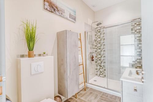 een badkamer met een douche en een wastafel bij MOANA - Petit cocon situé quartier République in Nantes
